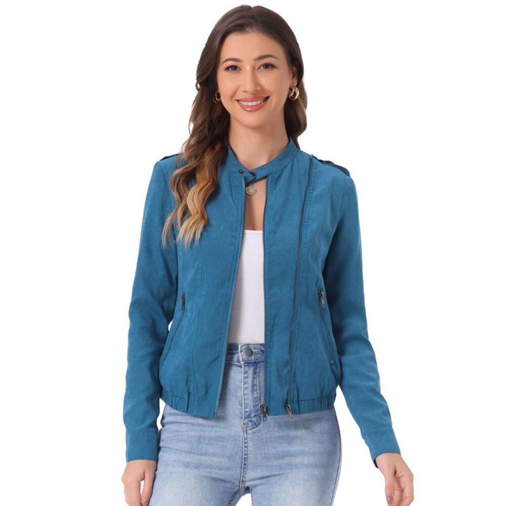 Lightweight Casual Stand Collar Pocket Short Biker Moto Jacket Peacock Blue